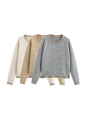 ' Georgia'Long Sleeve Lace-Trimmed Round Neck Knit （3 color)