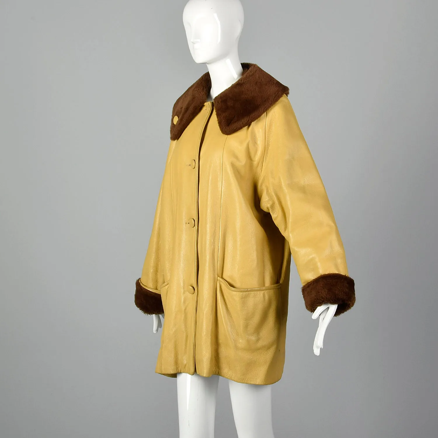 1960s Mustard Yellow Leather Jacket with Brown Faux Fur Trim