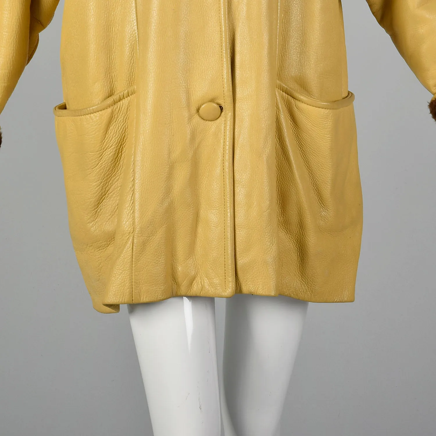 1960s Mustard Yellow Leather Jacket with Brown Faux Fur Trim