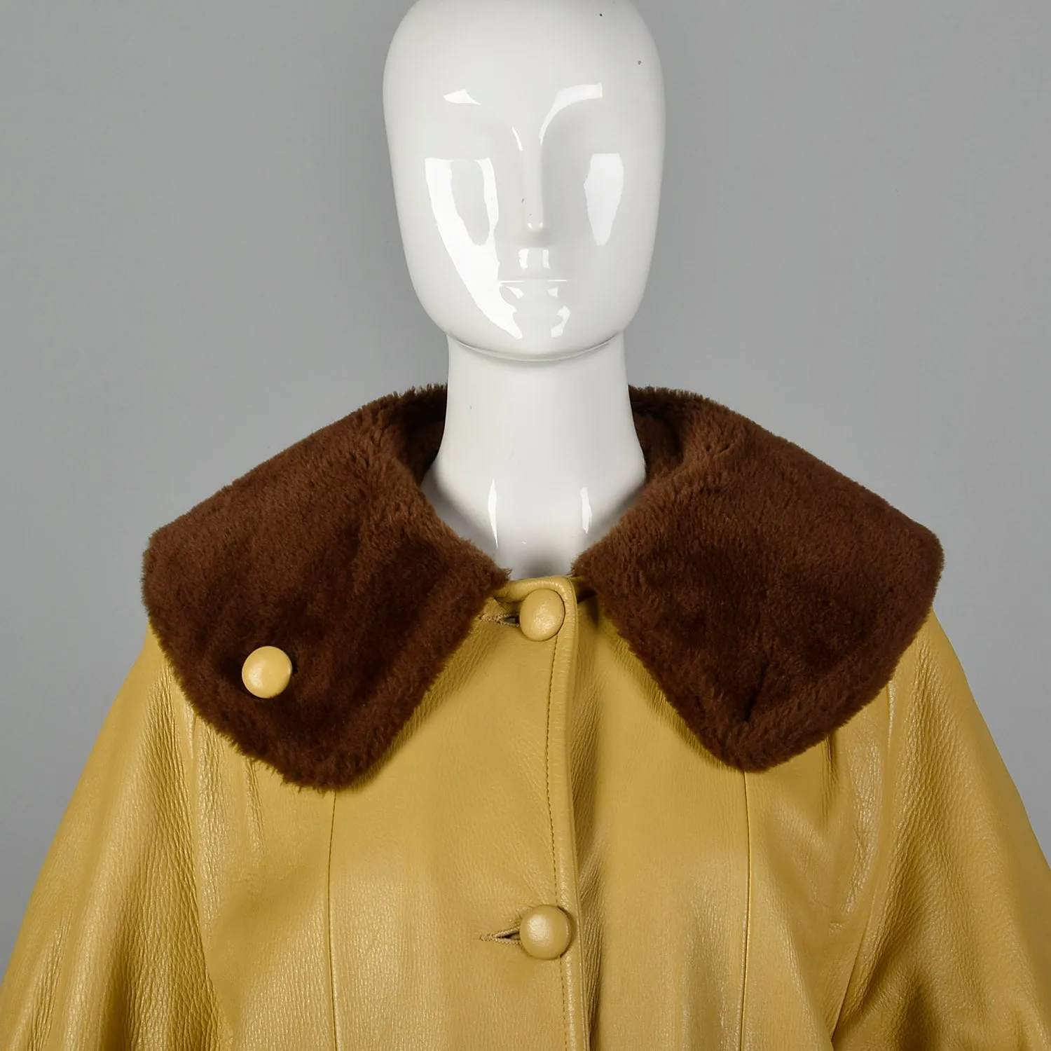 1960s Mustard Yellow Leather Jacket with Brown Faux Fur Trim