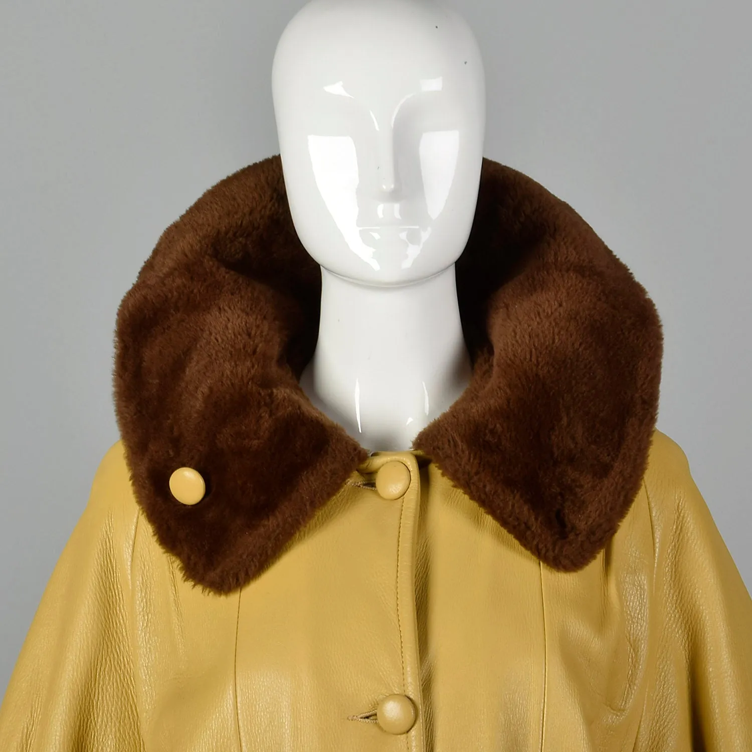 1960s Mustard Yellow Leather Jacket with Brown Faux Fur Trim