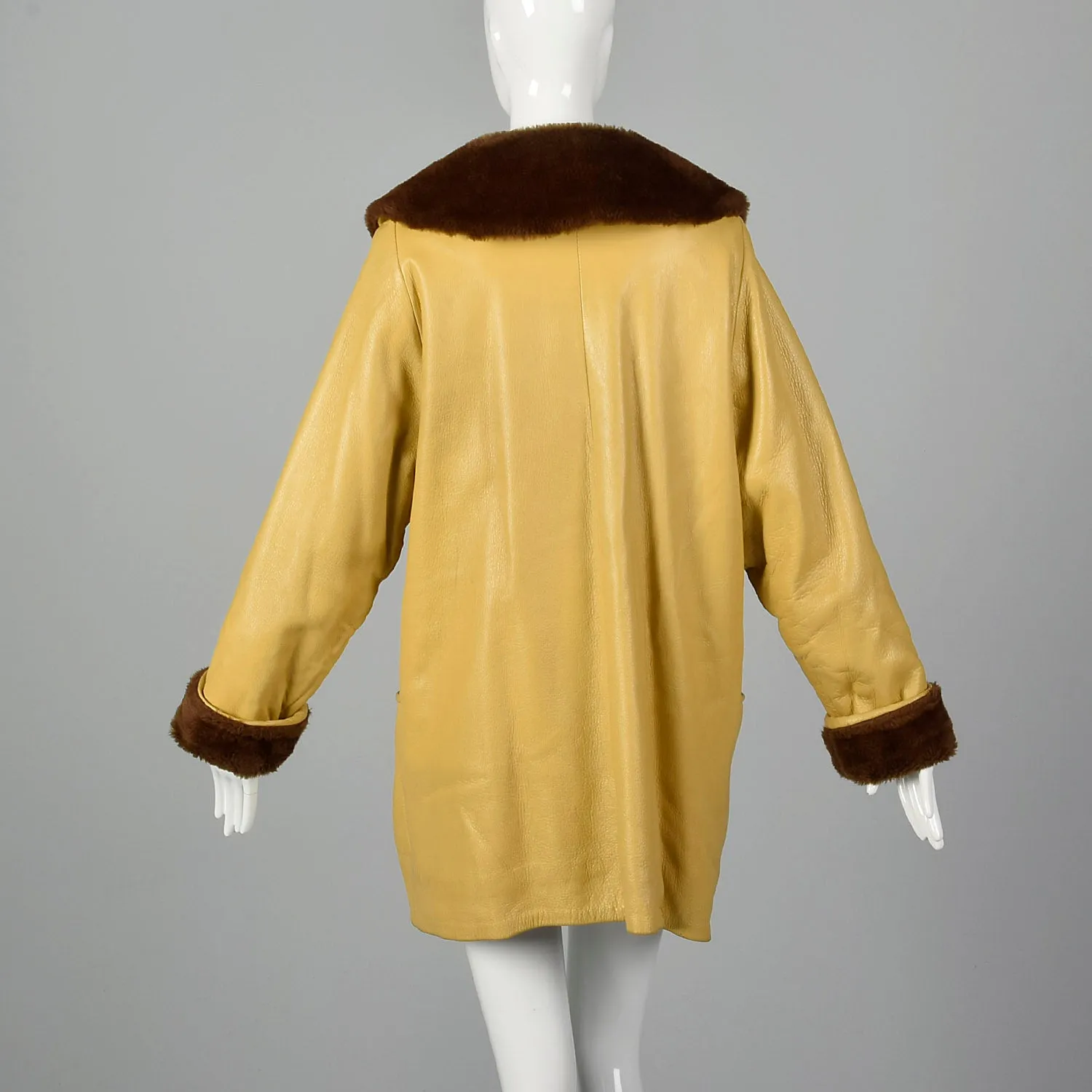 1960s Mustard Yellow Leather Jacket with Brown Faux Fur Trim