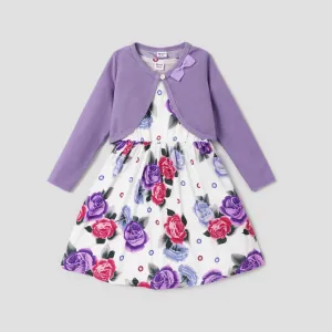 2pcs Kid Girl Floral Print Sleeveless Dress and Long-sleeve Purple Bowknot Design Cardigan Set