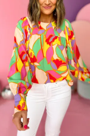 Abstract Long Puff Sleeve Blouse