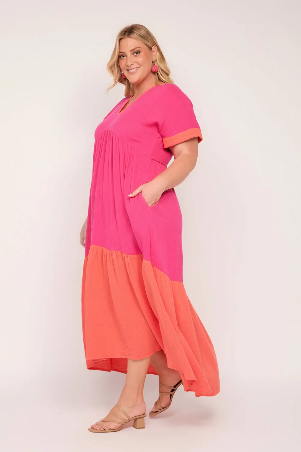 Adriana Crinkle Cotton V-Neck Dress in Sunset