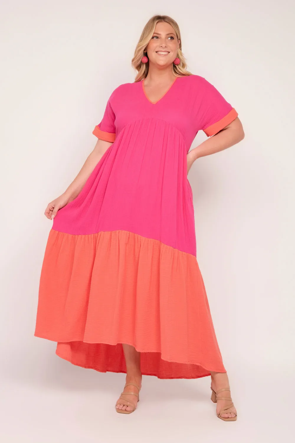 Adriana Crinkle Cotton V-Neck Dress in Sunset