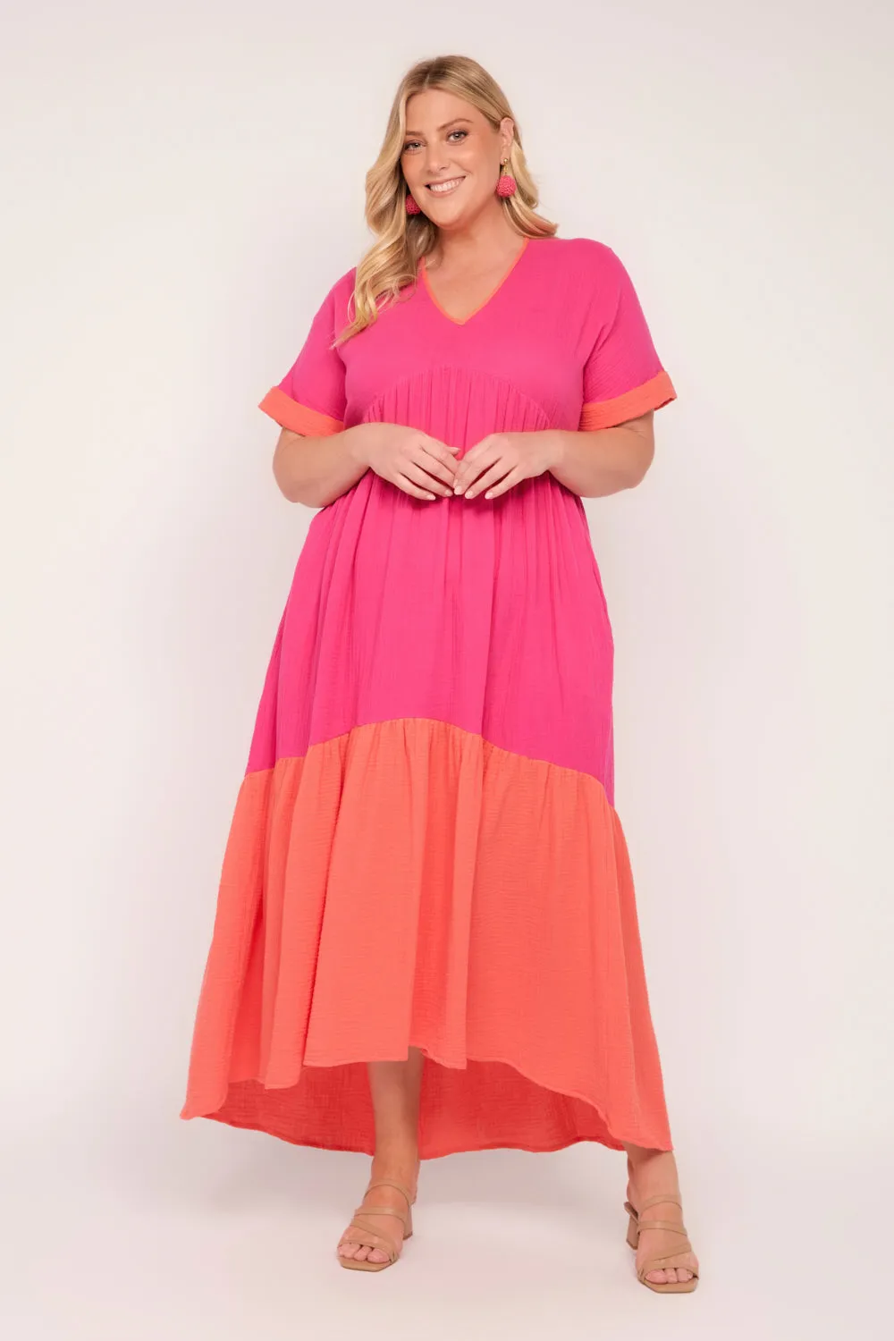 Adriana Crinkle Cotton V-Neck Dress in Sunset