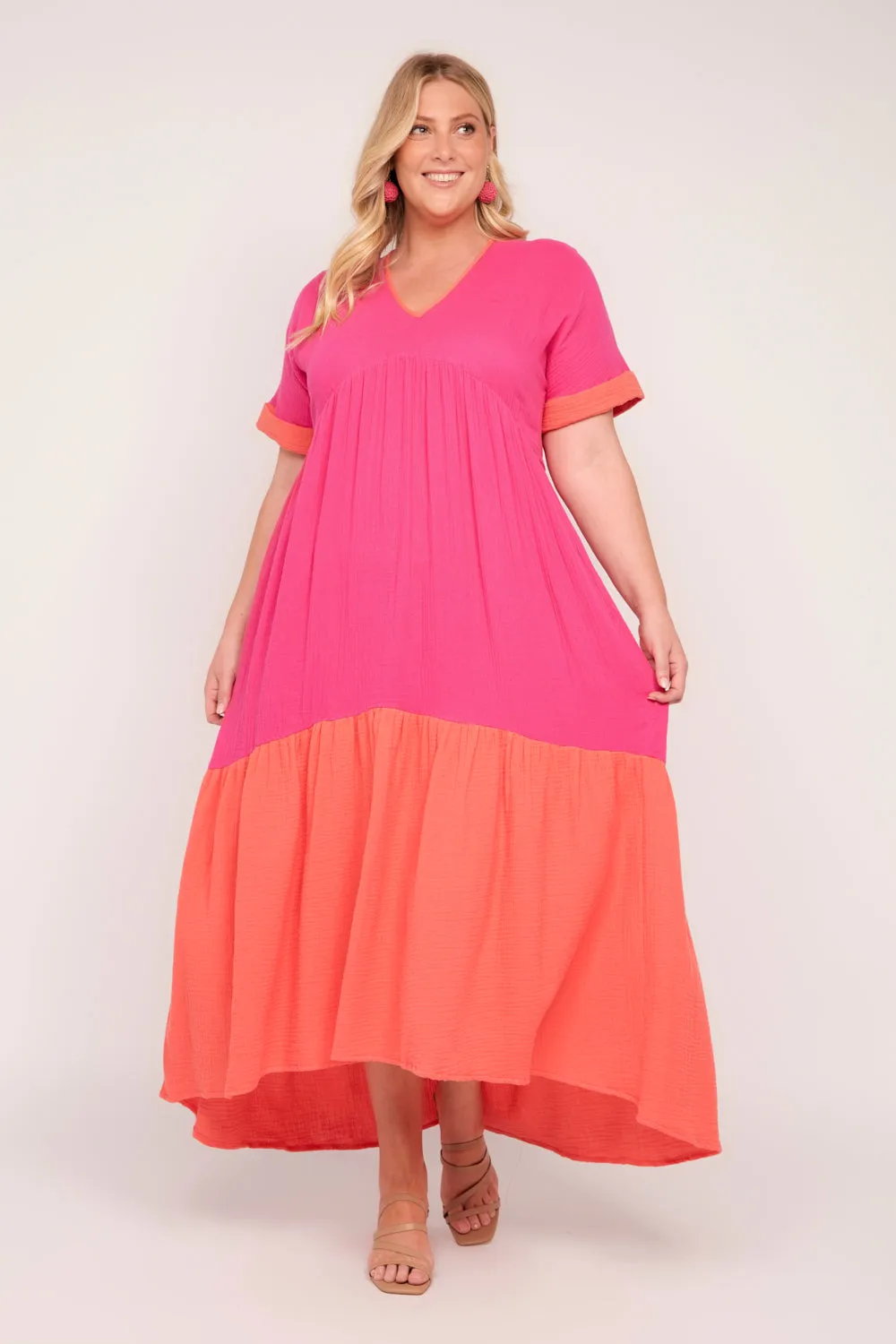 Adriana Crinkle Cotton V-Neck Dress in Sunset