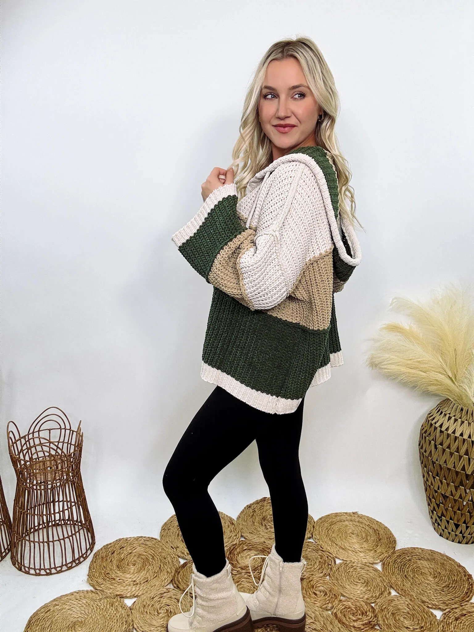 Almond Green Colorblock Chenille Sweater Hoodie by POL