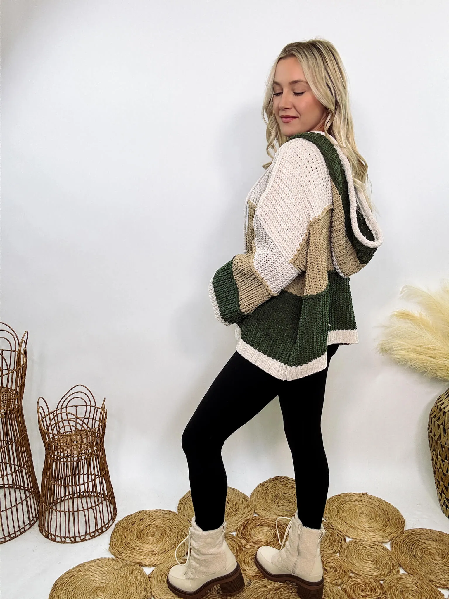 Almond Green Colorblock Chenille Sweater Hoodie by POL