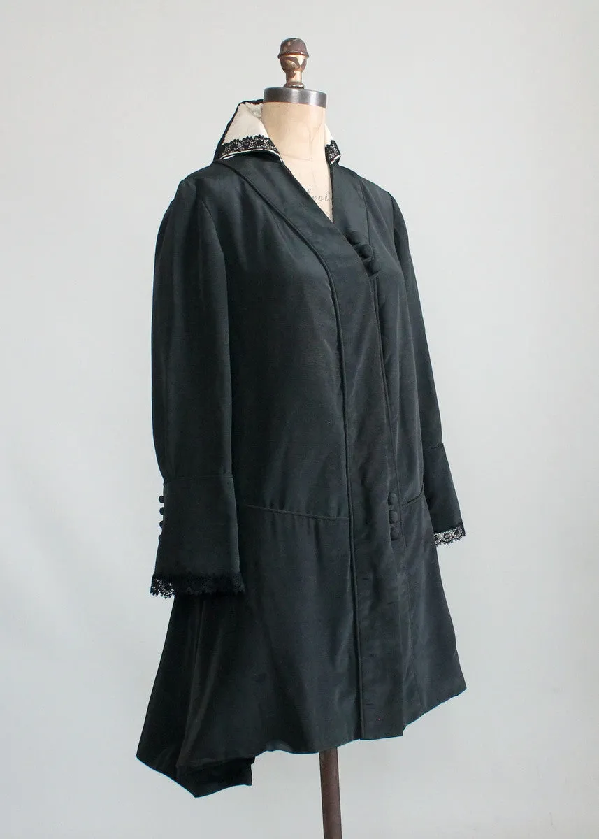 Antique Edwardian Black Silk Coat with Stand Up Collar