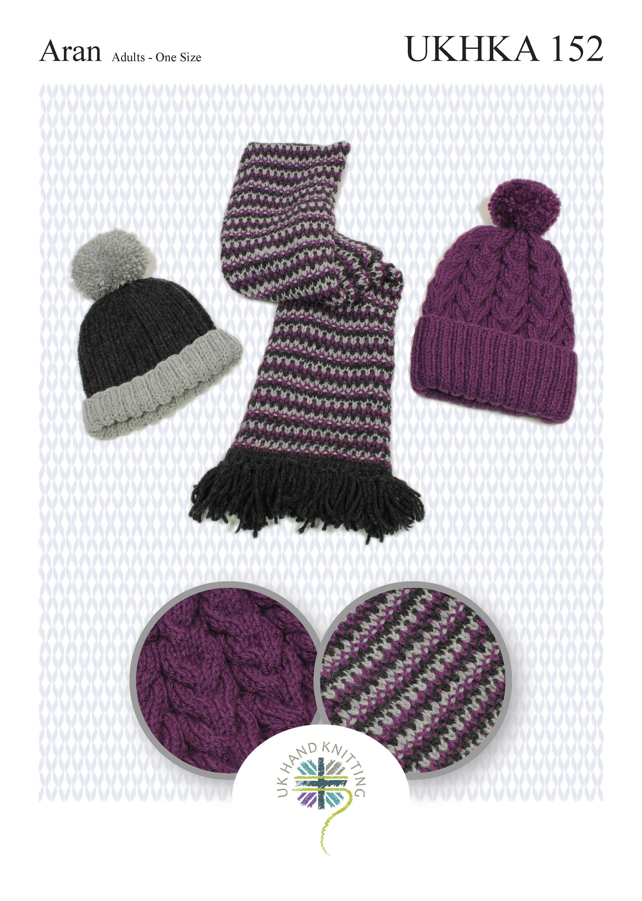 Aran Knitting Pattern Black Grey Purple Colour Adult Scarf Hats