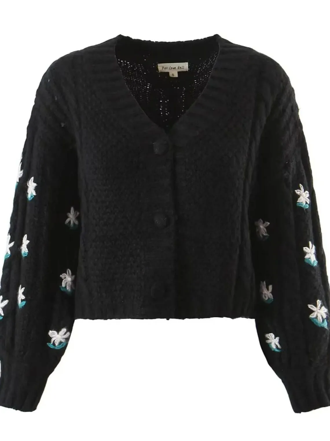 Asta Vintage Puff Sleeve Flower Cable Knit Cardigan