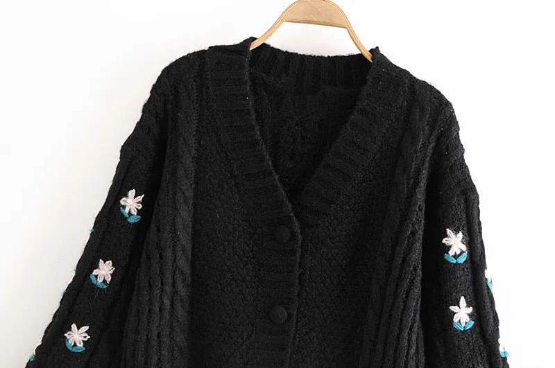 Asta Vintage Puff Sleeve Flower Cable Knit Cardigan