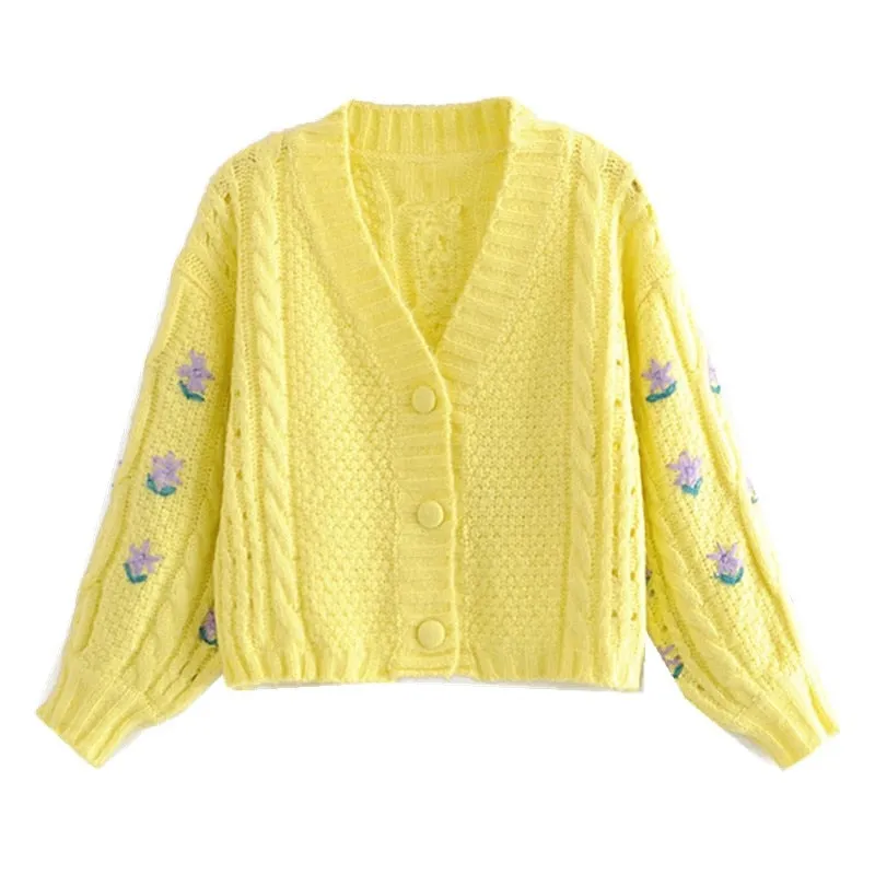 Asta Vintage Puff Sleeve Flower Cable Knit Cardigan