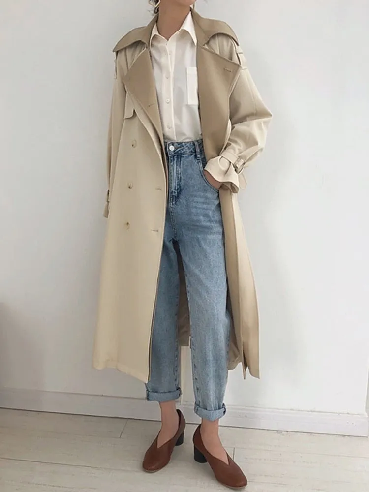 Autumn Fashion Long Length Double Lapel Collar Sashe Women's Trench Coat High End England Style Clothes