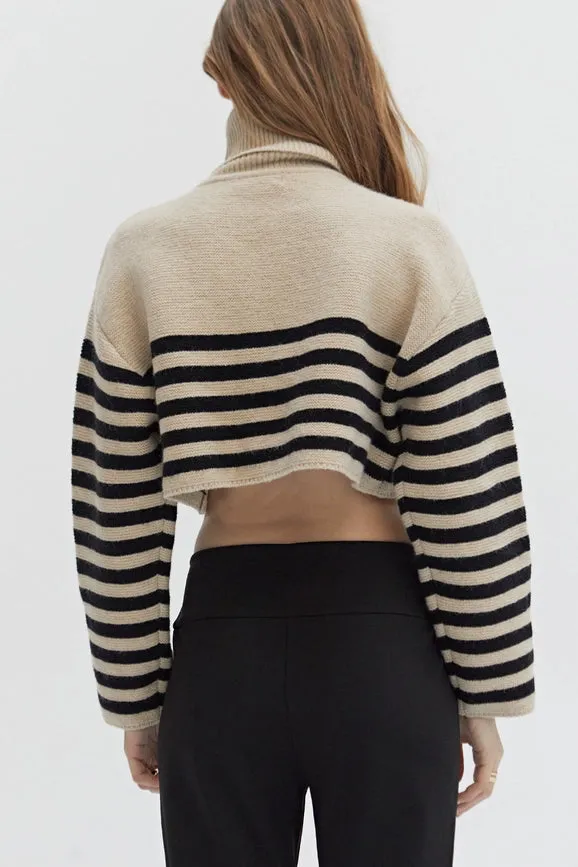 Avery Turtle Neck Striped Sweater Top TAUPE/BLACK