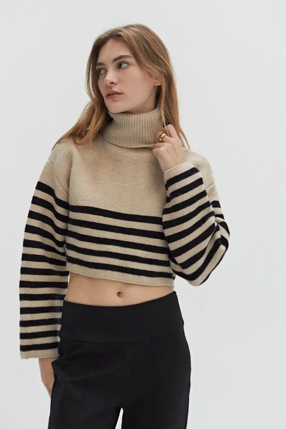 Avery Turtle Neck Striped Sweater Top TAUPE/BLACK