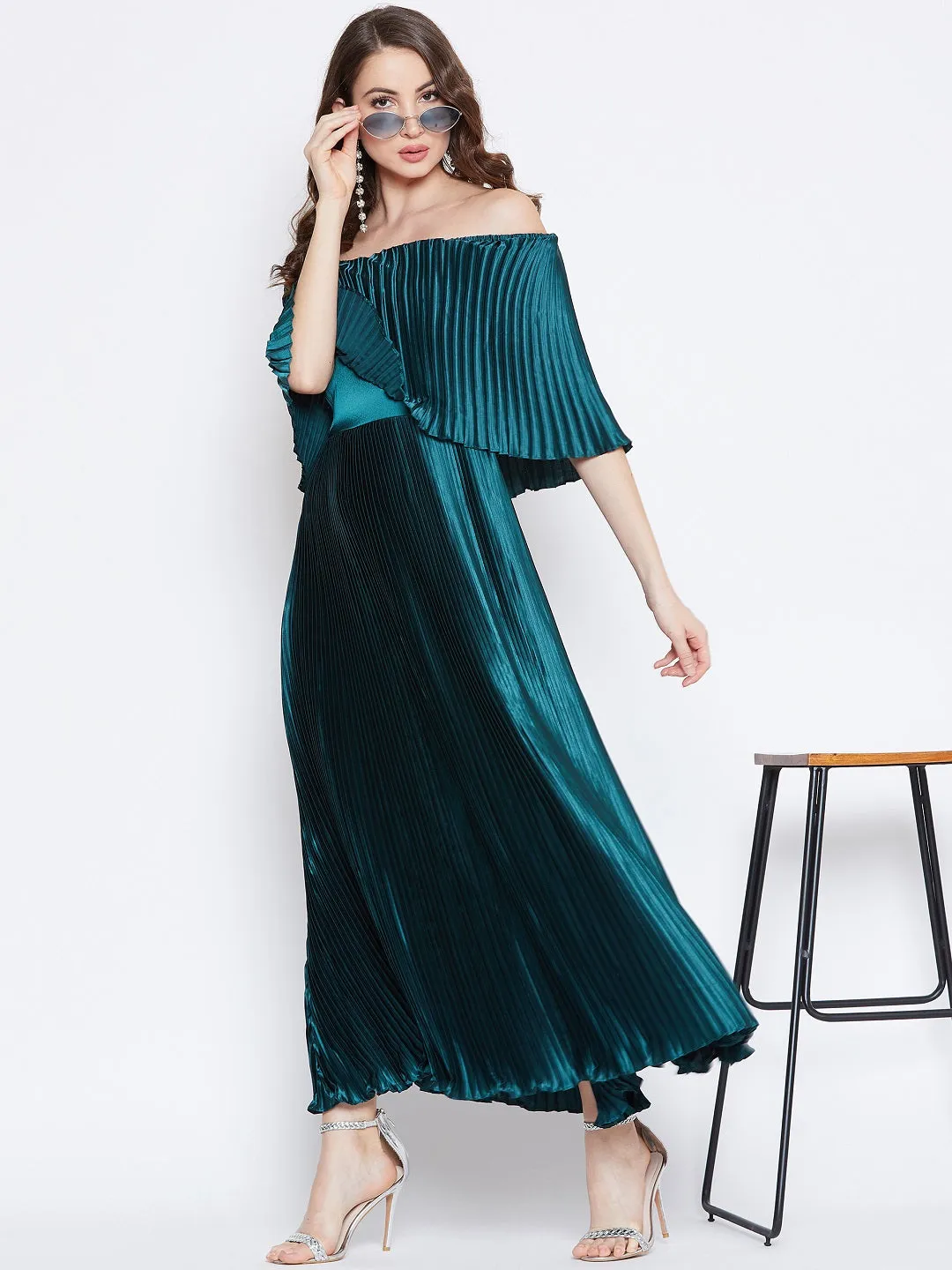 Berrylush Women Solid Green Off-Shoulder Neck Satin Pleated Maxi Dress