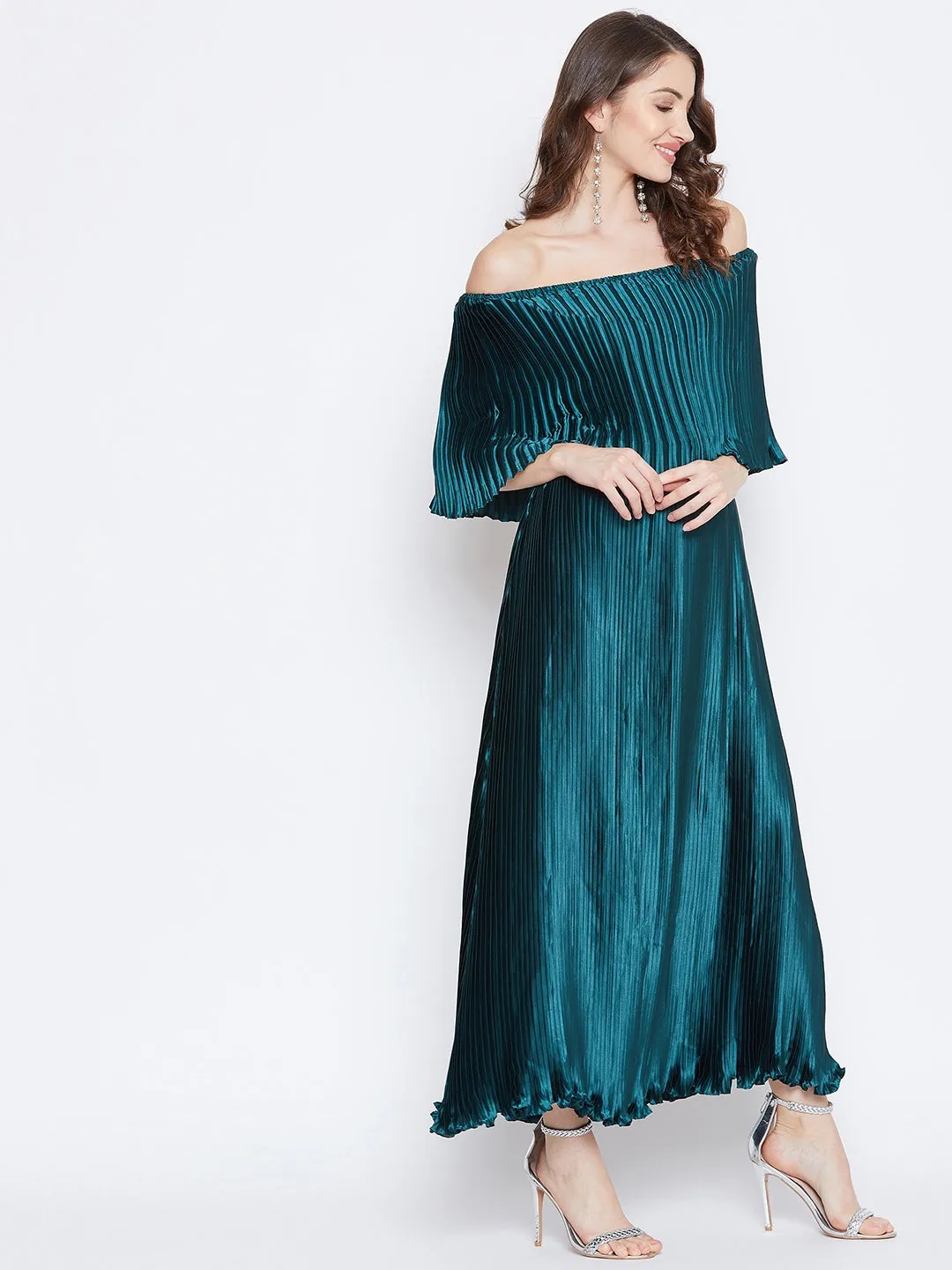 Berrylush Women Solid Green Off-Shoulder Neck Satin Pleated Maxi Dress