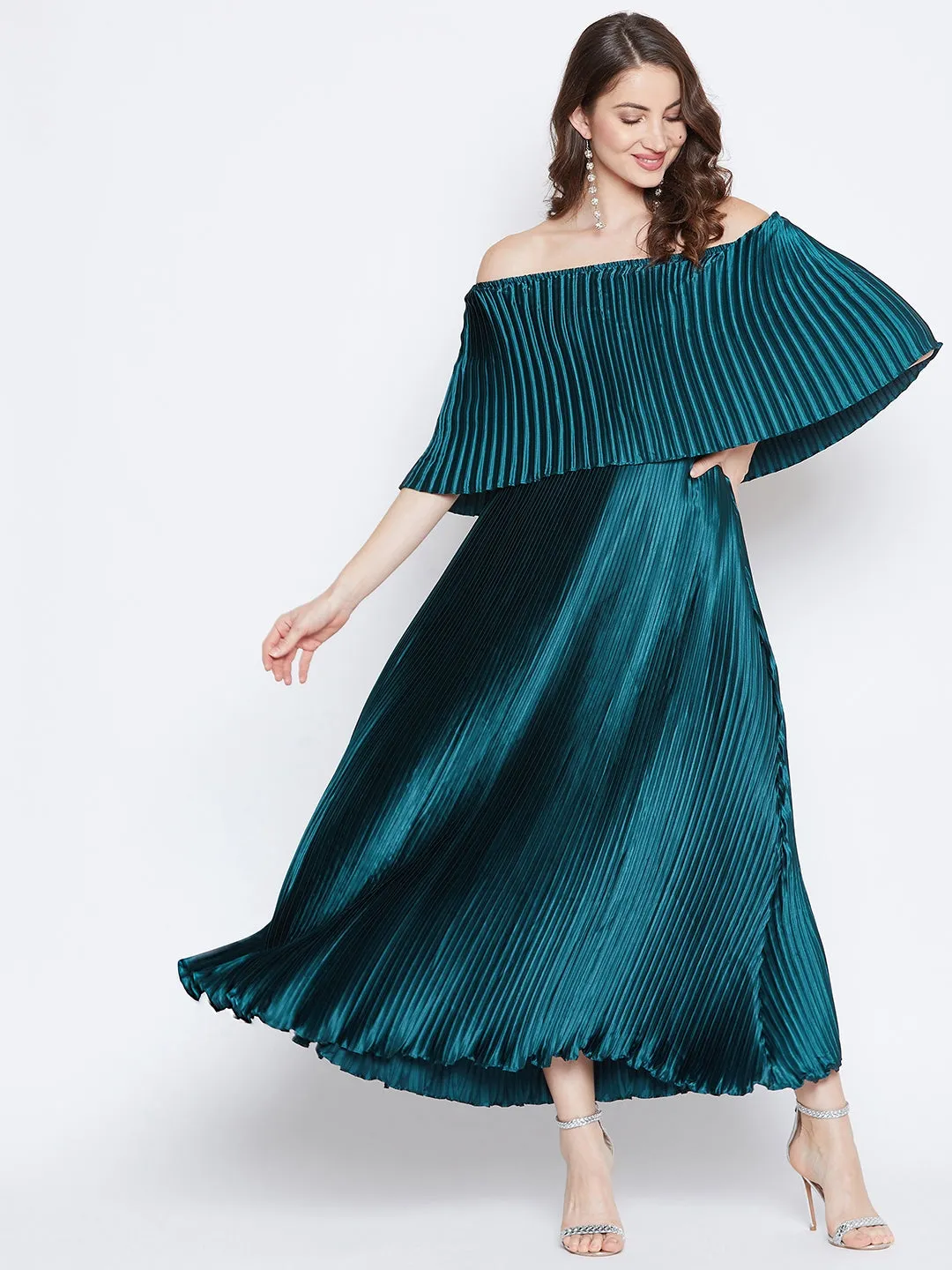 Berrylush Women Solid Green Off-Shoulder Neck Satin Pleated Maxi Dress