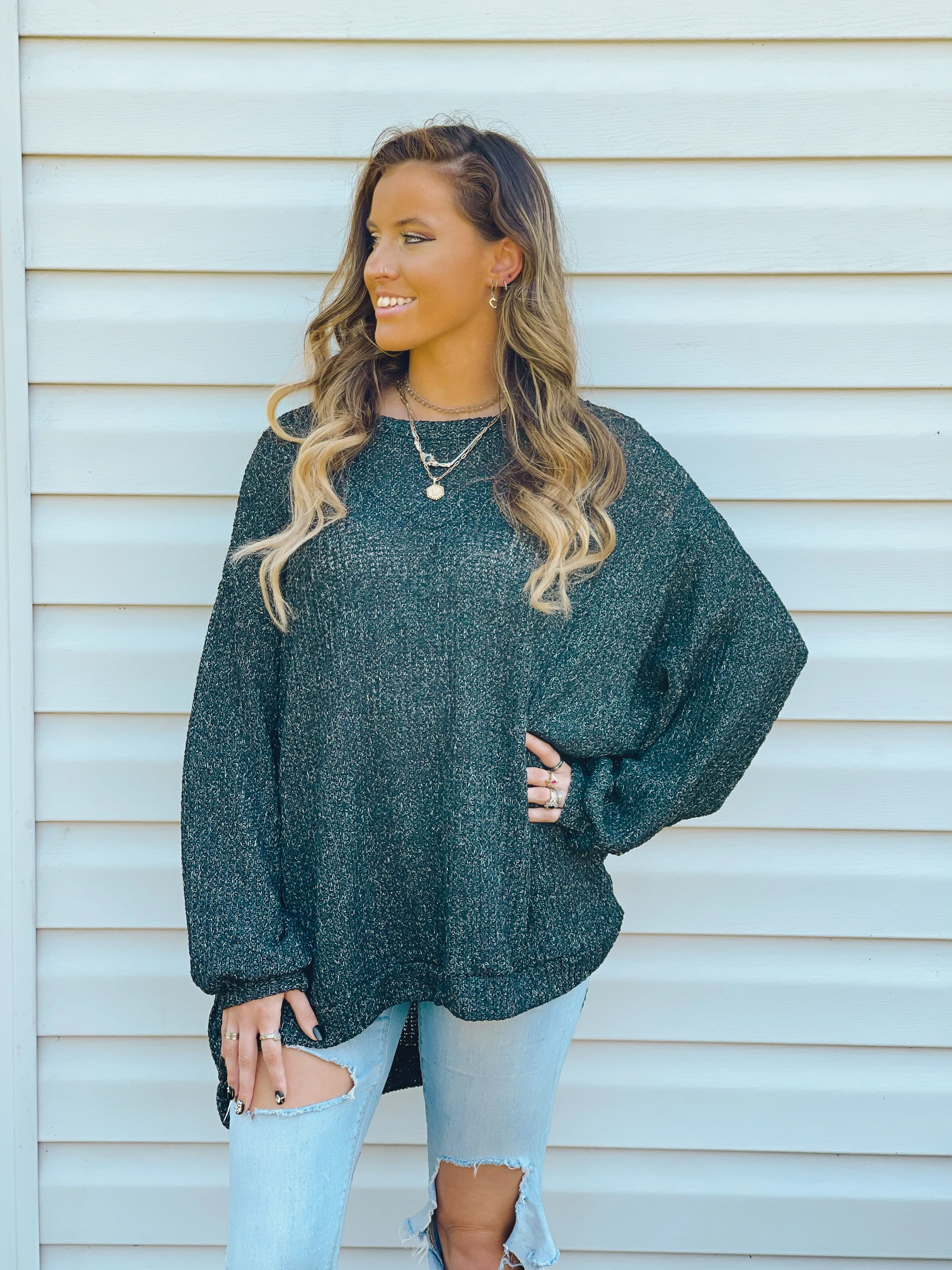 Better Together Charcoal Bubble-Sleeve Sweater