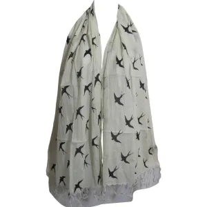 Bird Print Cotton Fringed Long Fashion Scarf Stole