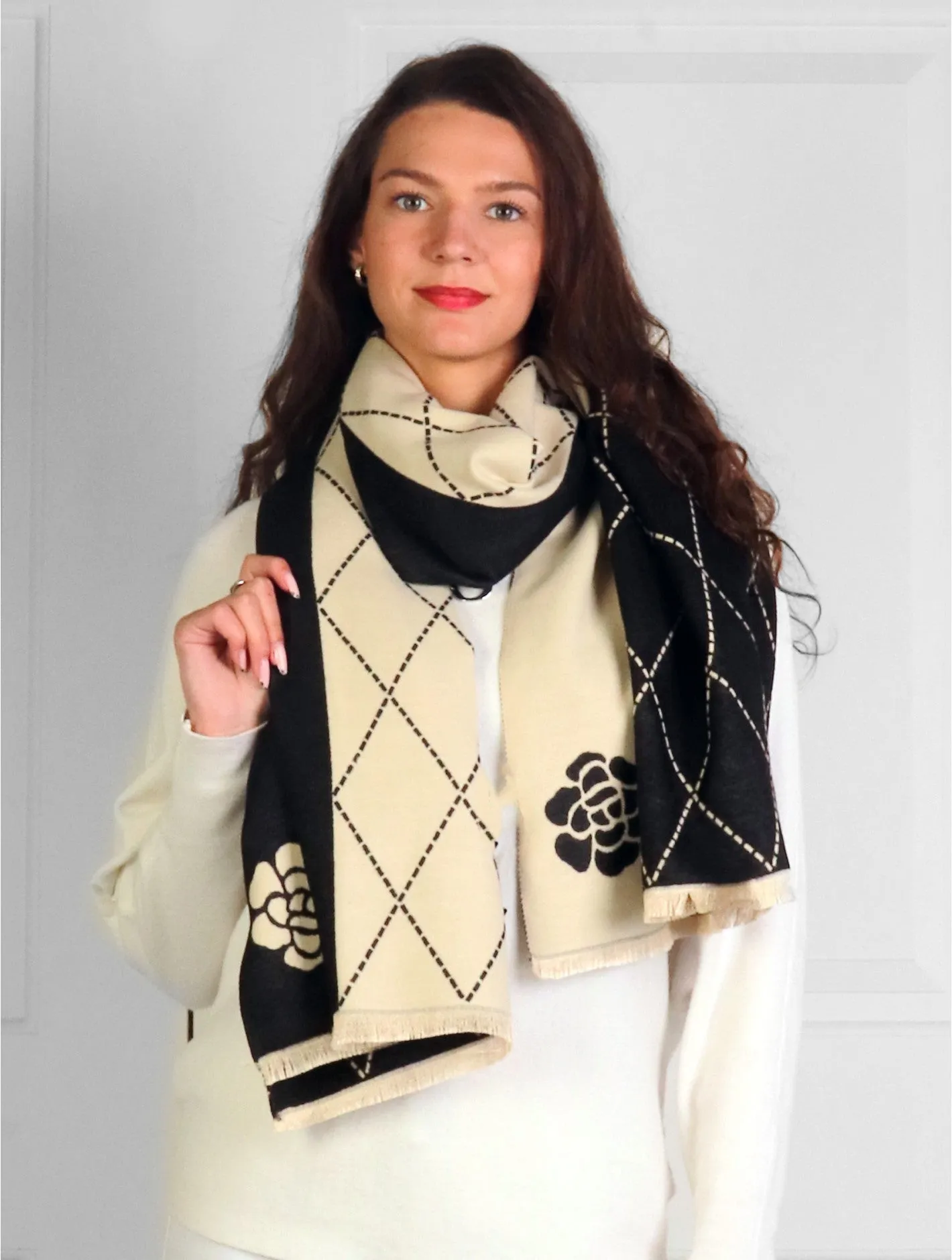 Black and Cream Diamond and Floral Blanket Scarf