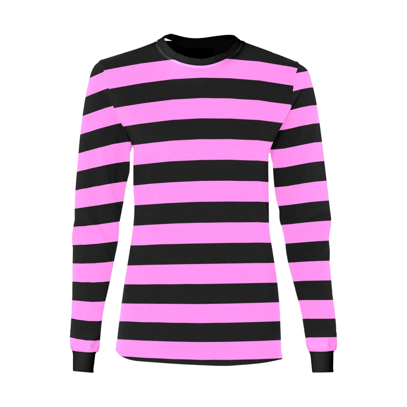 Black and Pink Striped Women Long Sleeve Tshirt, Designer Graphic Aesthetic Crew Neck Ladies Stripes Tee Shirt Top