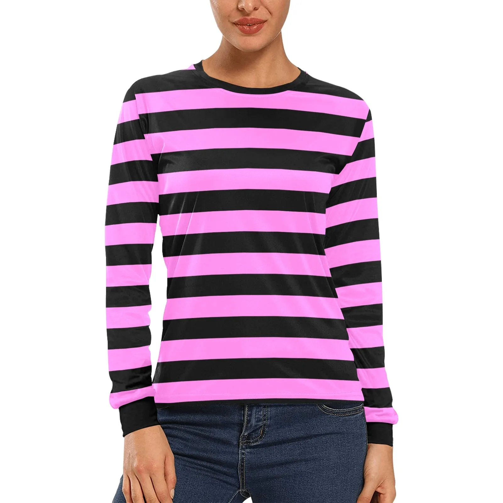 Black and Pink Striped Women Long Sleeve Tshirt, Designer Graphic Aesthetic Crew Neck Ladies Stripes Tee Shirt Top