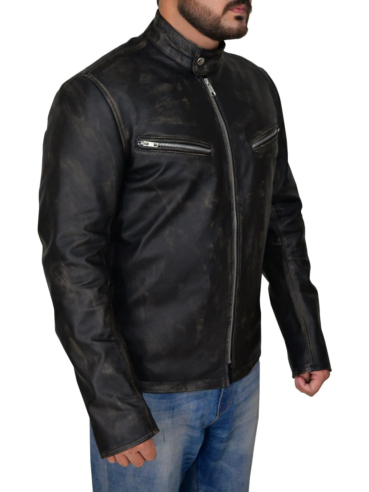 Black Cafe Distressed Racer Jacket For Men