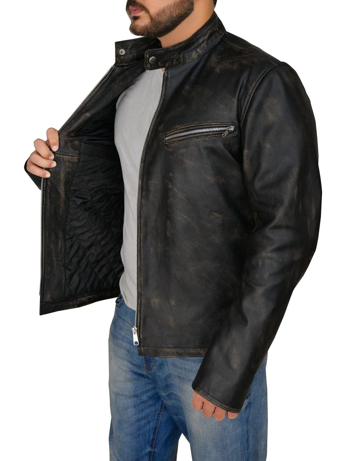 Black Cafe Distressed Racer Jacket For Men