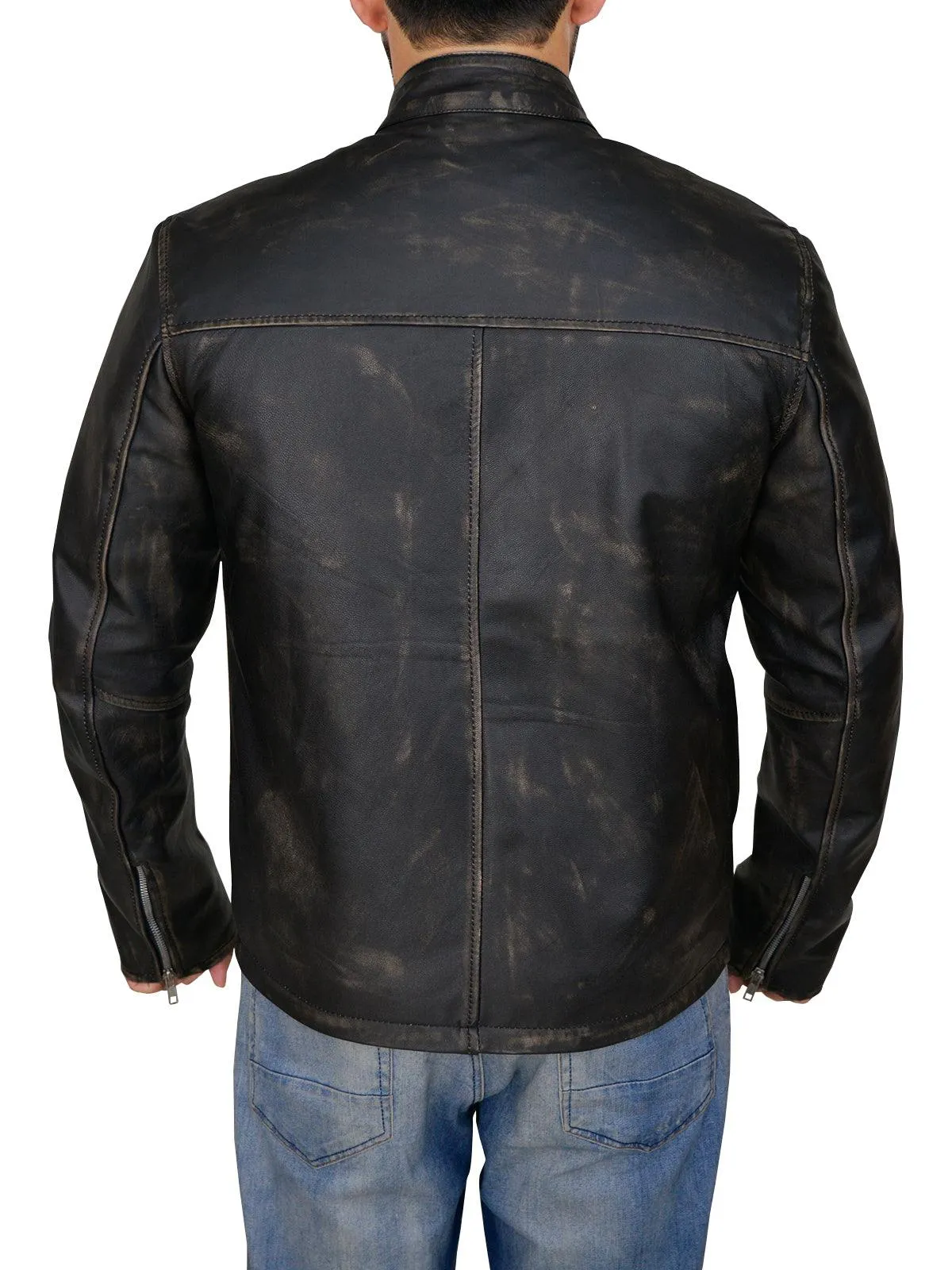 Black Cafe Distressed Racer Jacket For Men