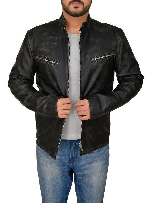 Black Cafe Distressed Racer Jacket For Men