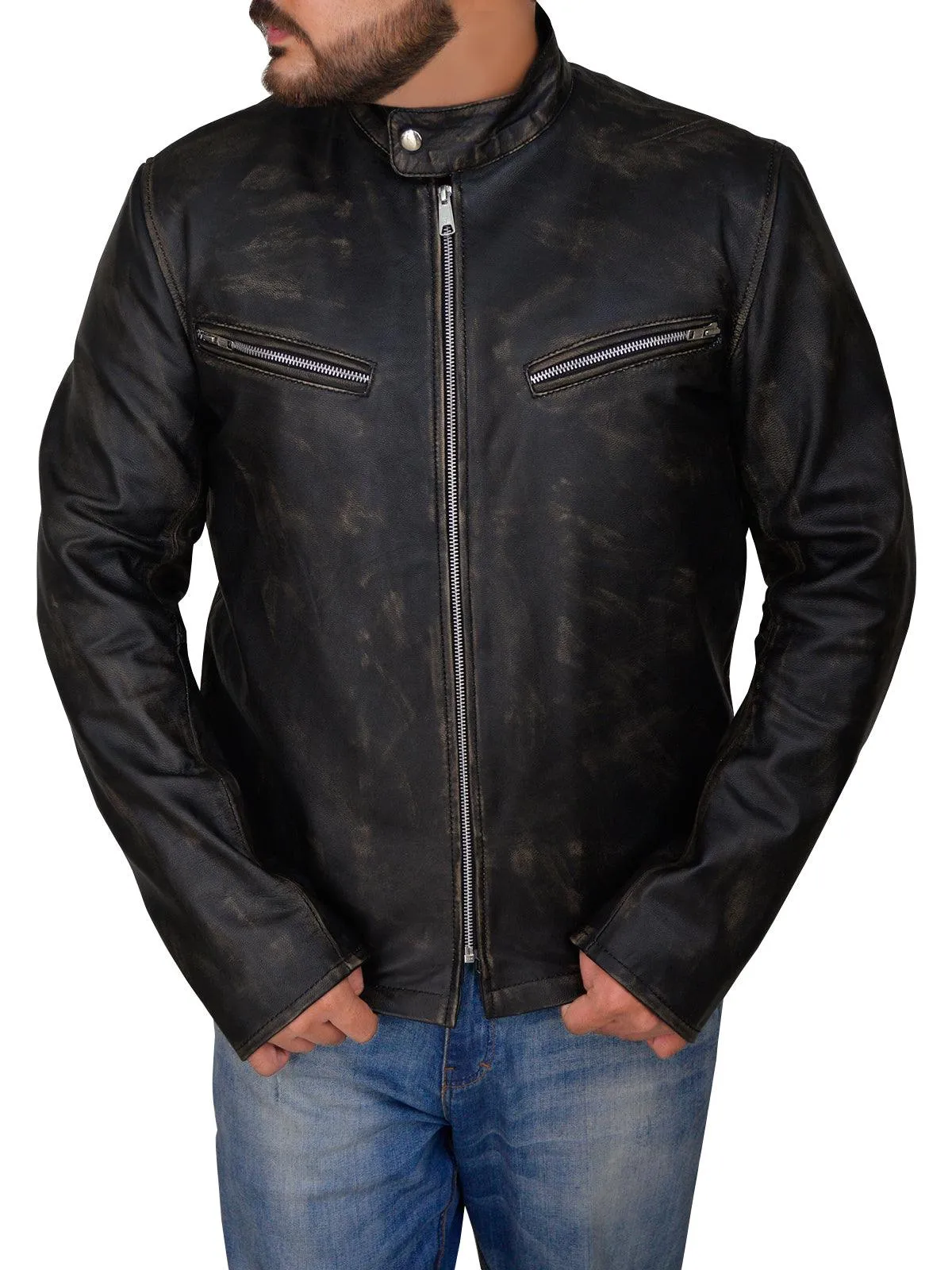 Black Cafe Distressed Racer Jacket For Men