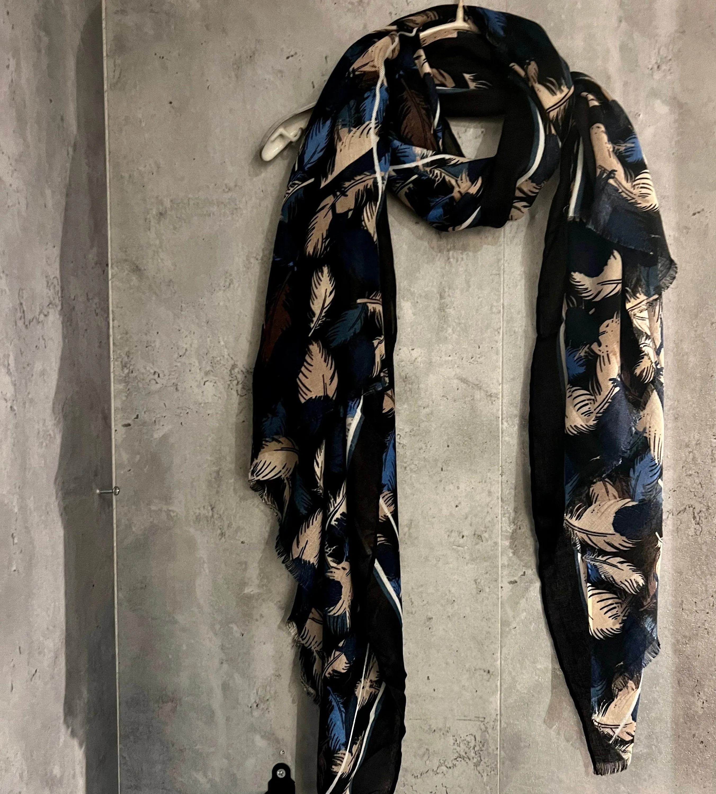 Black Cotton Scarf with Floating Blue Beige Feathers – A Stylish and Versatile Gift for Her