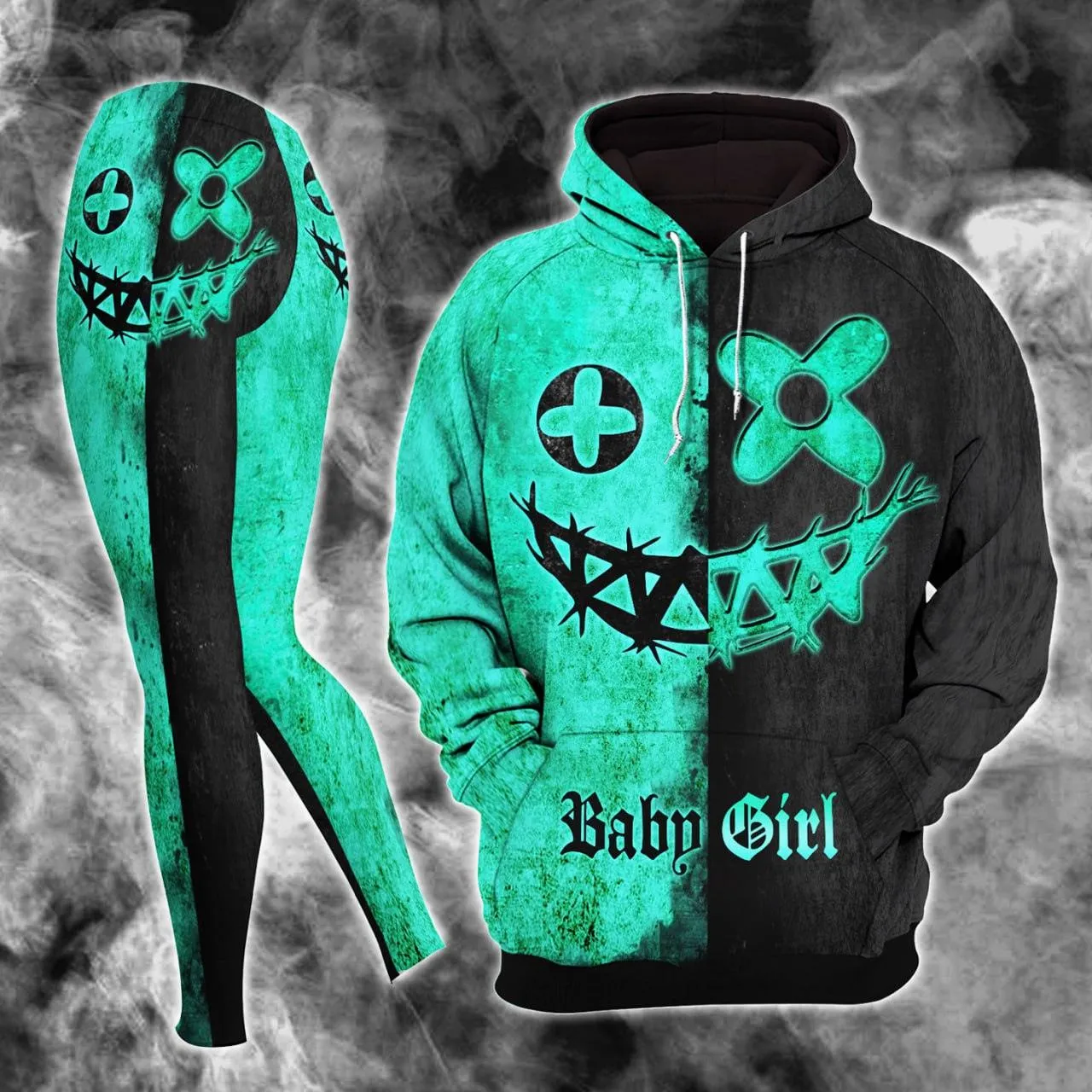 Black Green Face X Combo Hoodie and Leggings