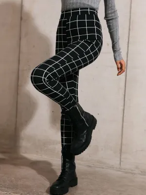 Black High Waist Grid Print Leggings