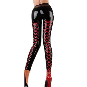 Black Latex Leggings With Red Lacing At Back