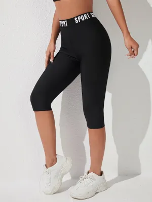 Black Letter Graphic Sporty Capri Leggings