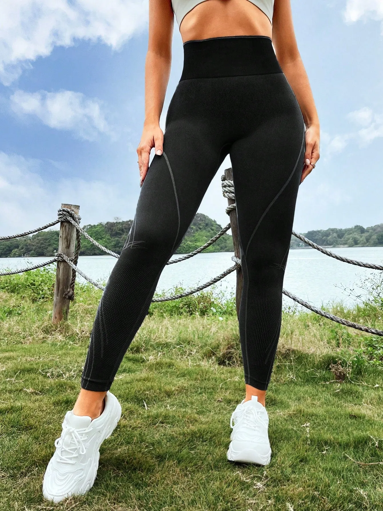 Black Stripped Wide Waistband Sports Leggings