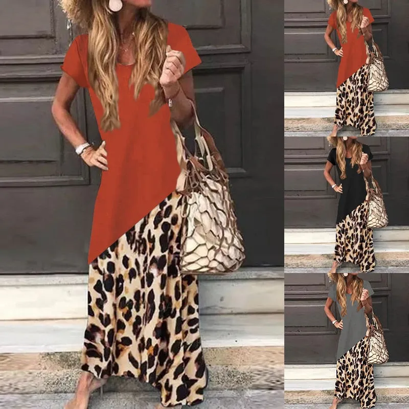 Block Color Leopard Loose Maxi Dress