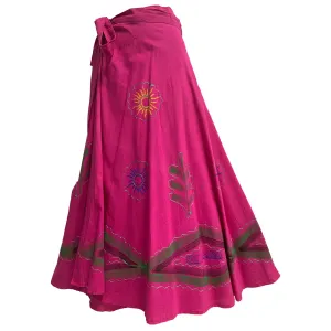 Bohemian Gypsy Floral Embroidered Cotton Long Maxi Wrap Around Pink Skirt