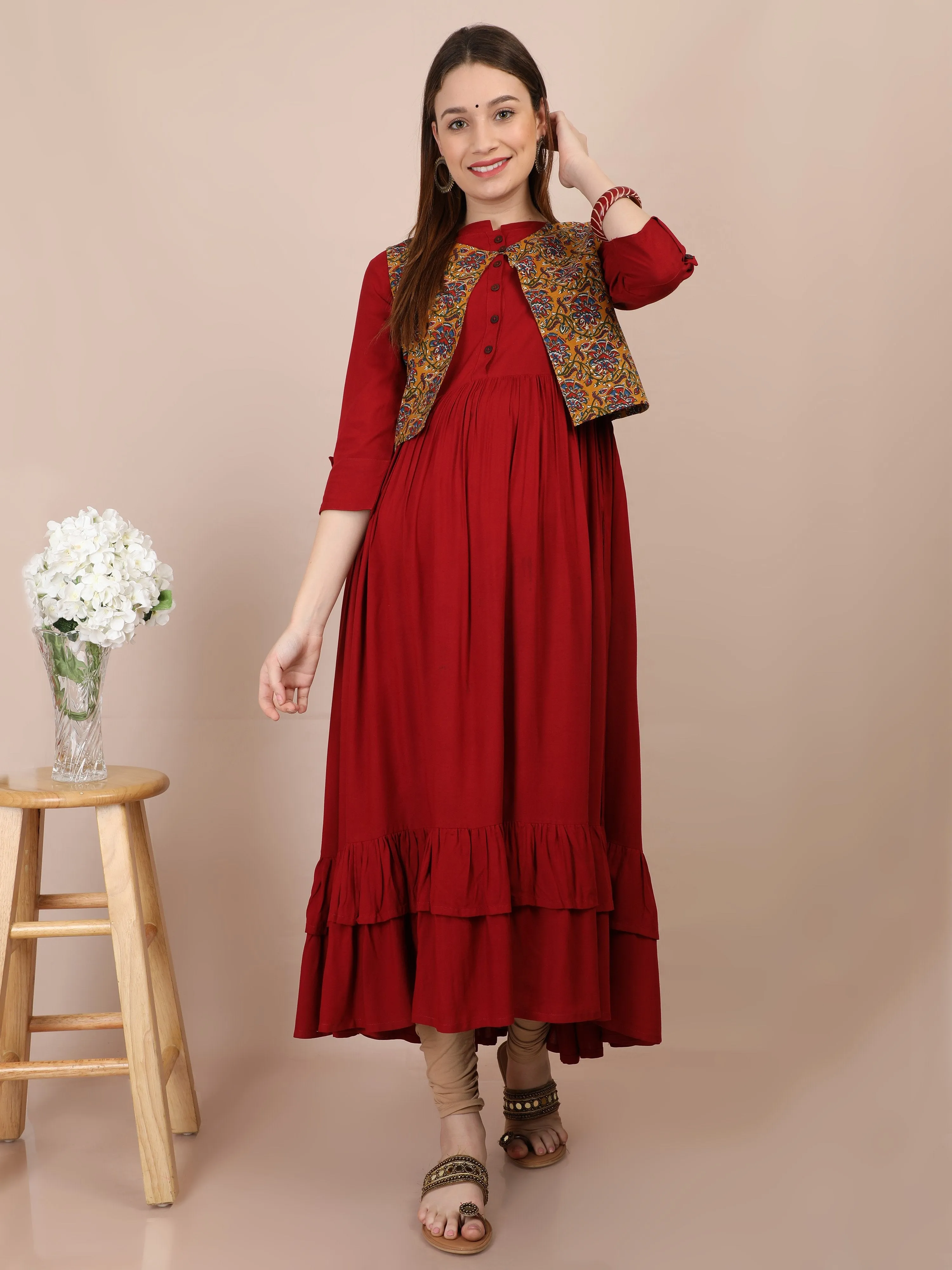 Boho Chic Maroon Maternity and Nursing Kurti