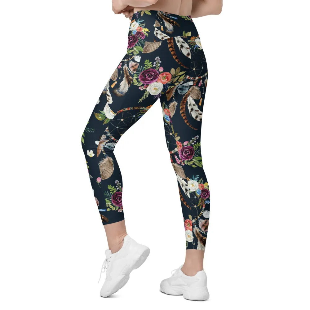 Boho Dreamcatcher and Flowers Leggings with Pockets