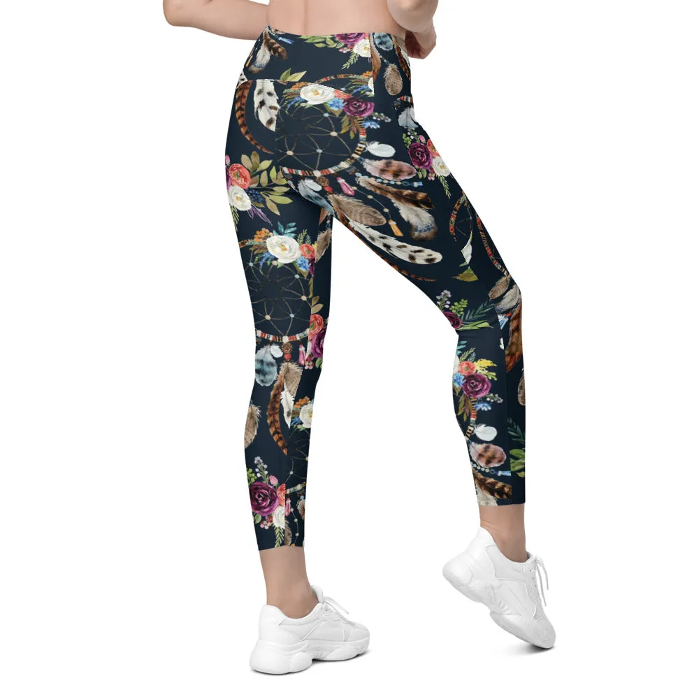 Boho Dreamcatcher and Flowers Leggings with Pockets