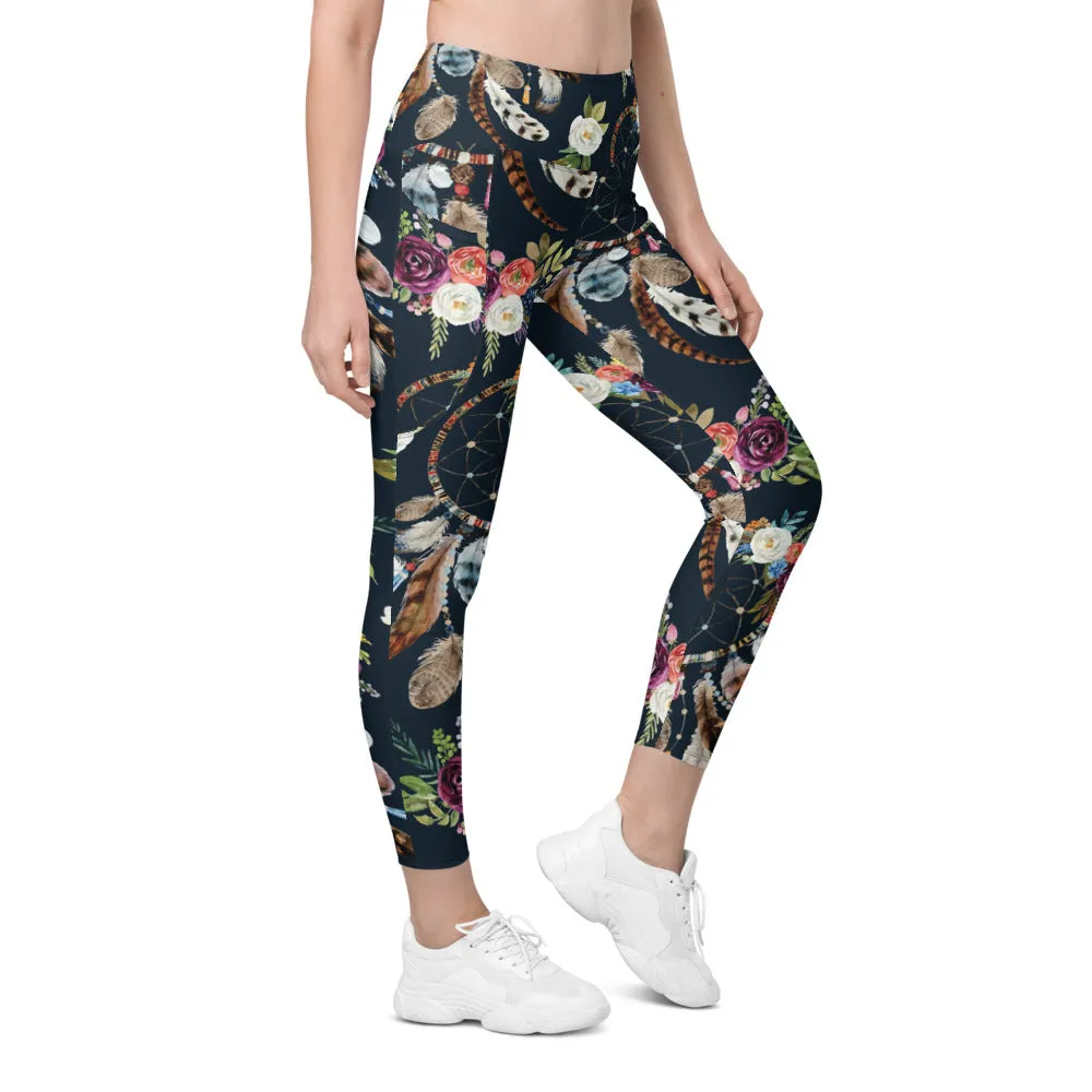 Boho Dreamcatcher and Flowers Leggings with Pockets