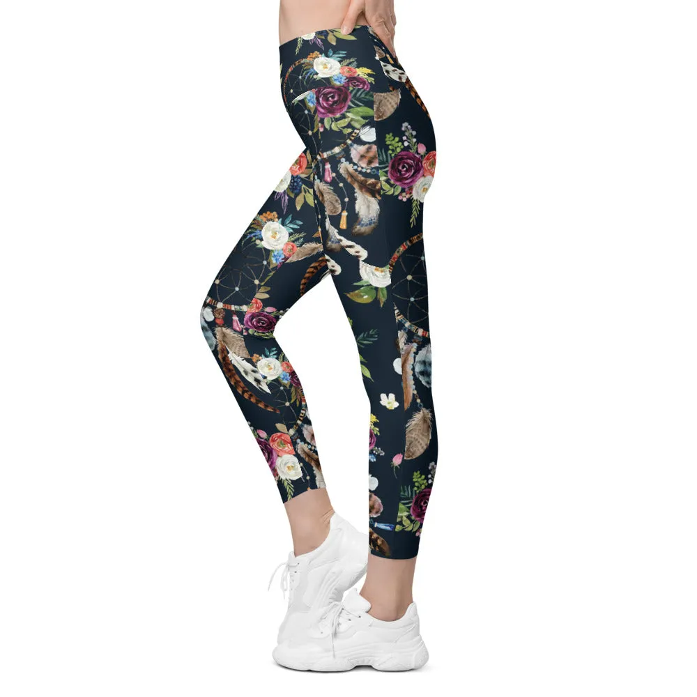 Boho Dreamcatcher and Flowers Leggings with Pockets