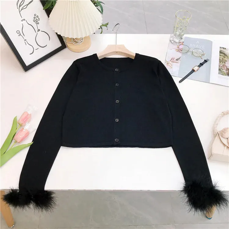 Brand New Chic Detachable Feather Long Sleeve Sweater Cardigan Short Black Fashion Coat Women Autumn Tops  B-013