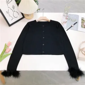 Brand New Chic Detachable Feather Long Sleeve Sweater Cardigan Short Black Fashion Coat Women Autumn Tops  B-013